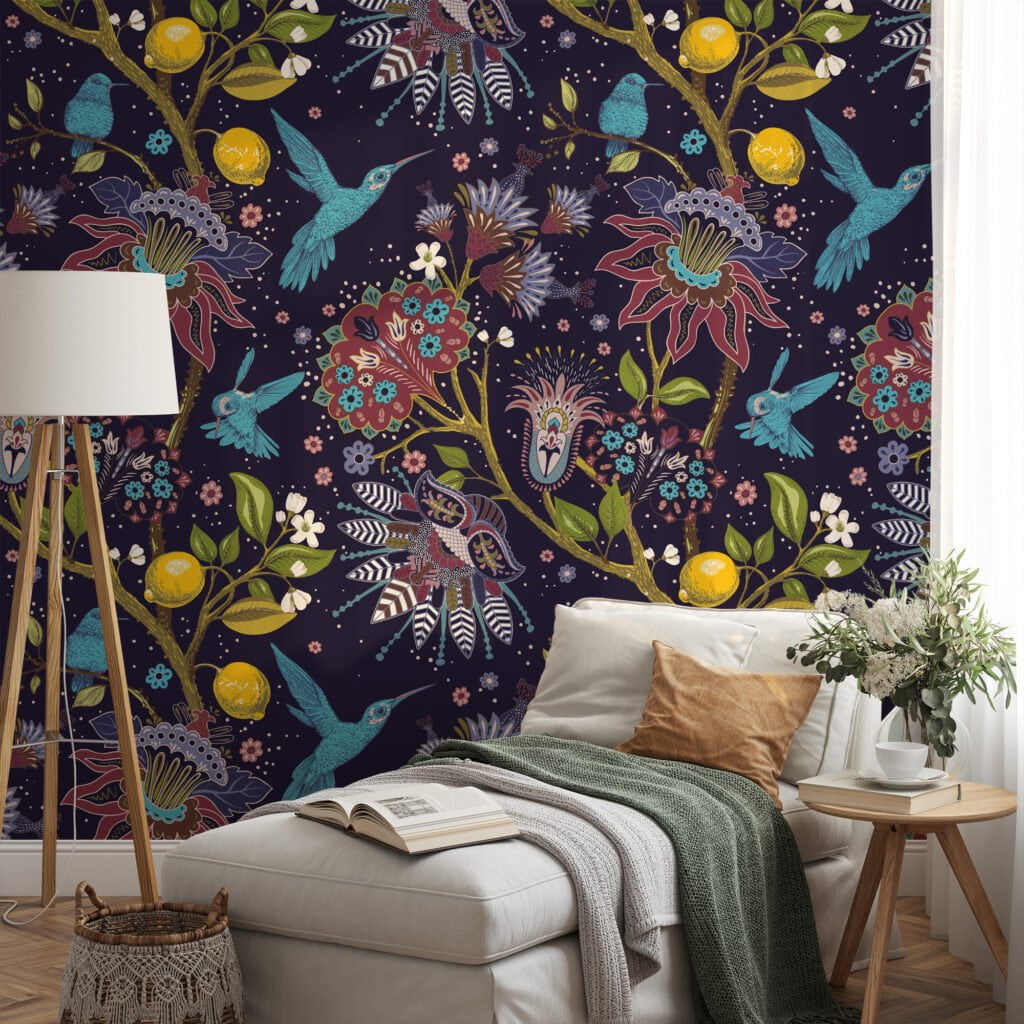 Floral and Aqua Hummingbird Wallpaper - Traditional Design with a Modern Twist