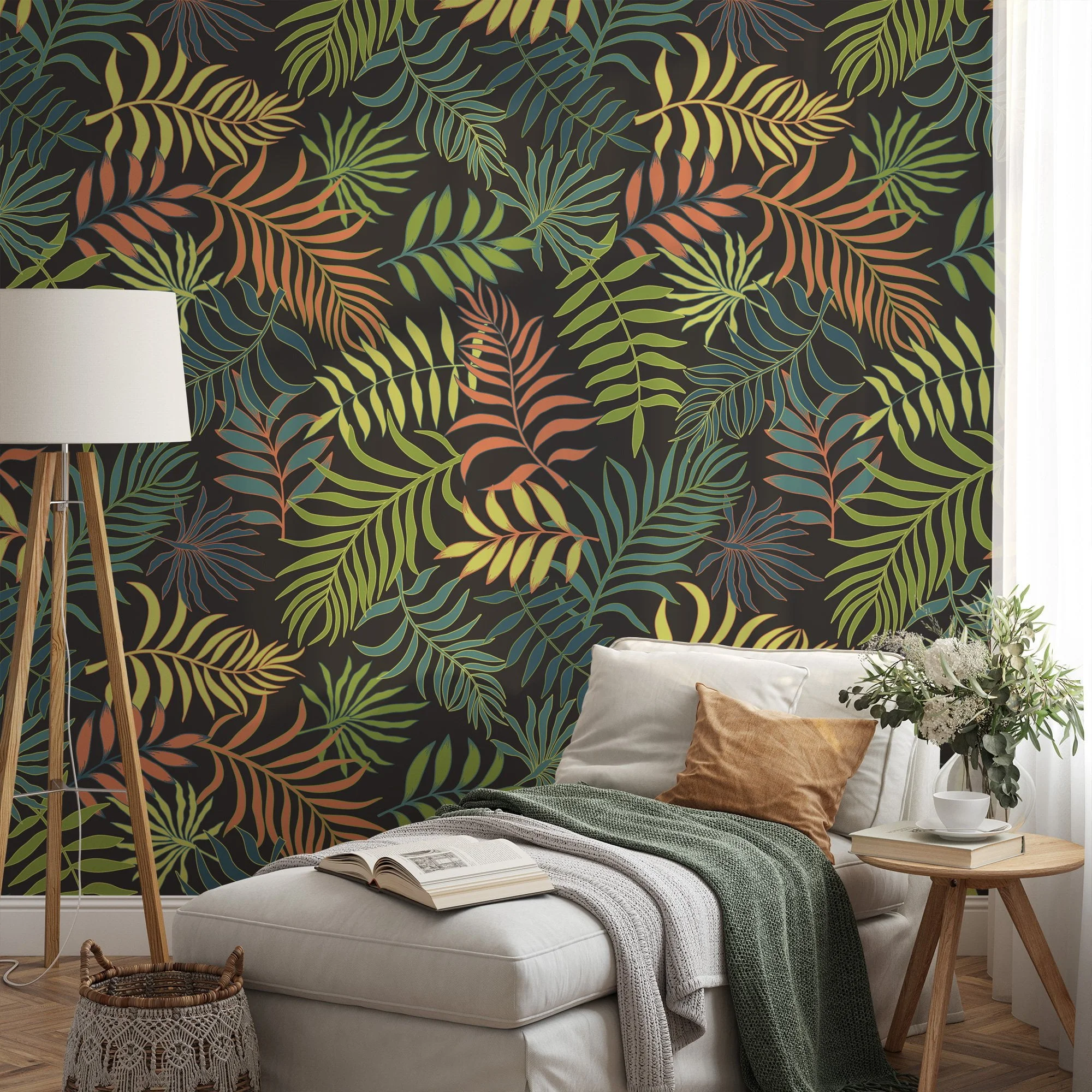 Bold and Beautiful Tropical Floral Leaves on Dark Background - Self-Adhesive Peel and Stick Fern Wallpaper with Botanical Charm