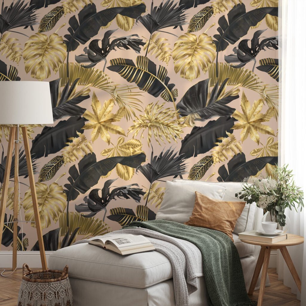 Luxurious Gold and Black Tropical Leaves on Peach Pink Background - Self-Adhesive Peel and Stick Modern Wallpaper for a Touch of Elegance