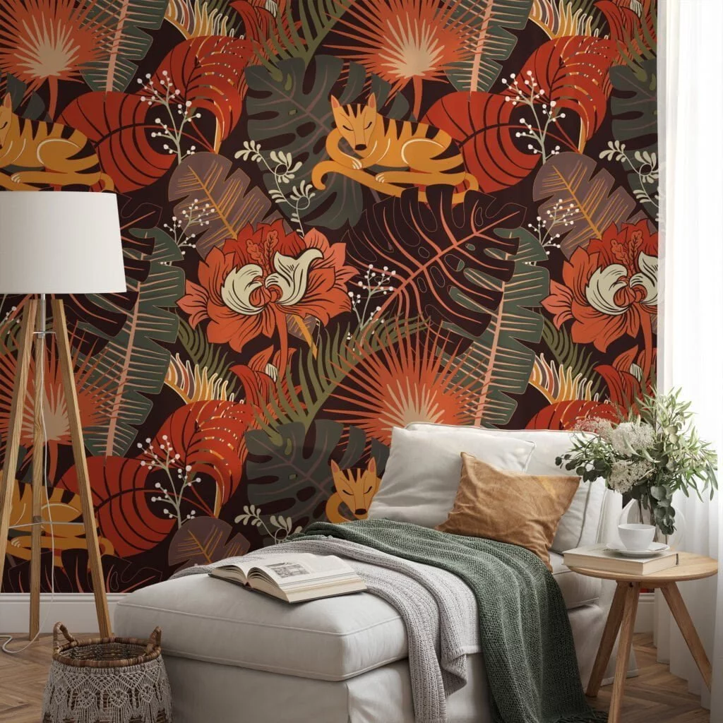 Autumnal Leaves Illustration Wallpaper with Foxes for a Rustic and Cozy Home Ambiance
