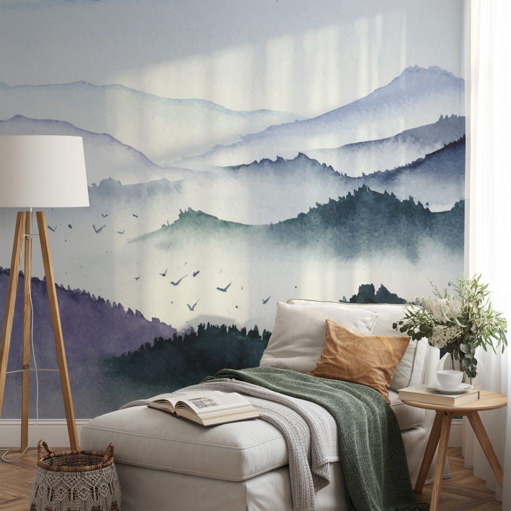 Soft and Serene Watercolor Style Abstract Misty Mountains Wallpaper for a Tranquil and Calming Home Decor