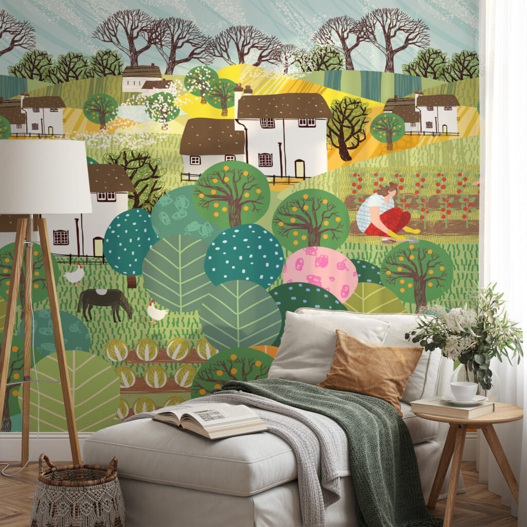 Vibrant Colorful Farm Illustration with Animals and Farmers Wallpaper for a Playful and Cheerful Home Decor