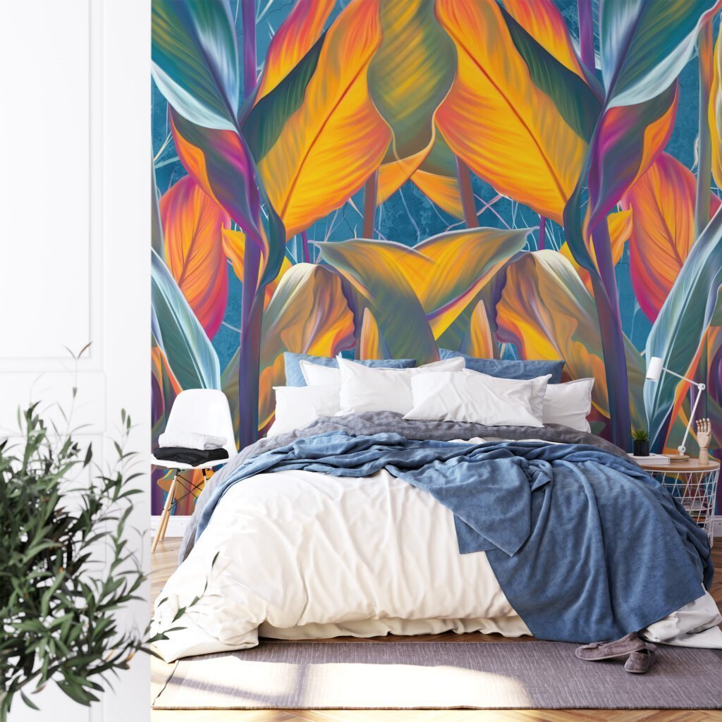 Bring a Splash of Color to Your Space with Colorful Large Sunset Leaves on Blue Background - Self-Adhesive Peel and Stick Exotic Mixed Colored Leaf Wallpaper for a Tropical Escape