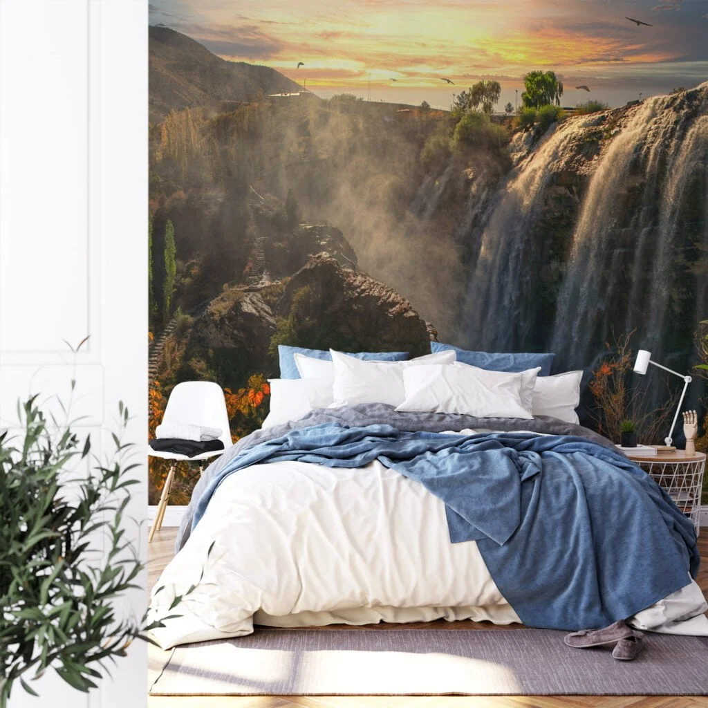 Breathtaking Waterfall Wallpaper with Majestic Mountains and a Radiant Sunset for a Serene and Scenic Home Ambiance