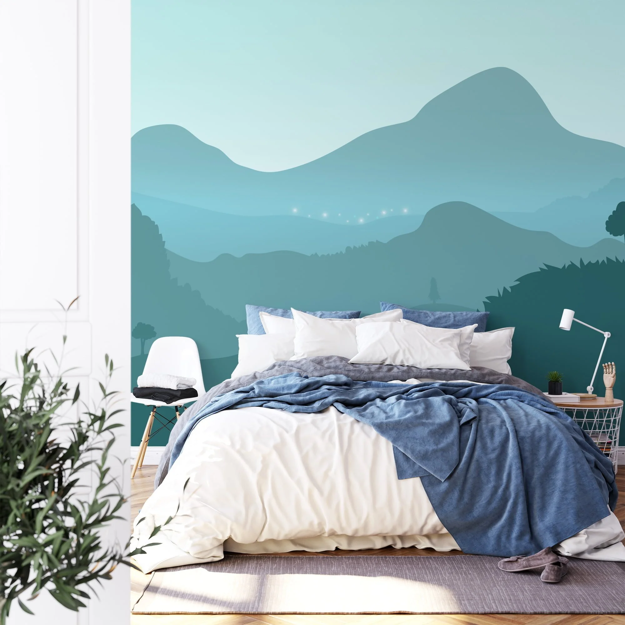 Contemporary Teal Colored Abstract Mountains Illustration Wallpaper for a Chic and Modern Home Ambiance