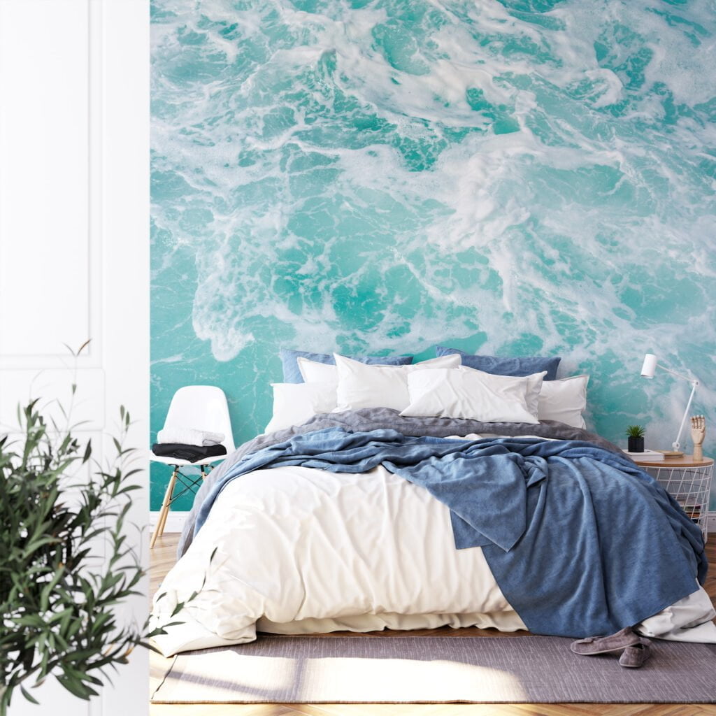 Refreshing Aqua Ocean with Sea Foam Wallpaper for a Calming and Tranquil Home Ambiance