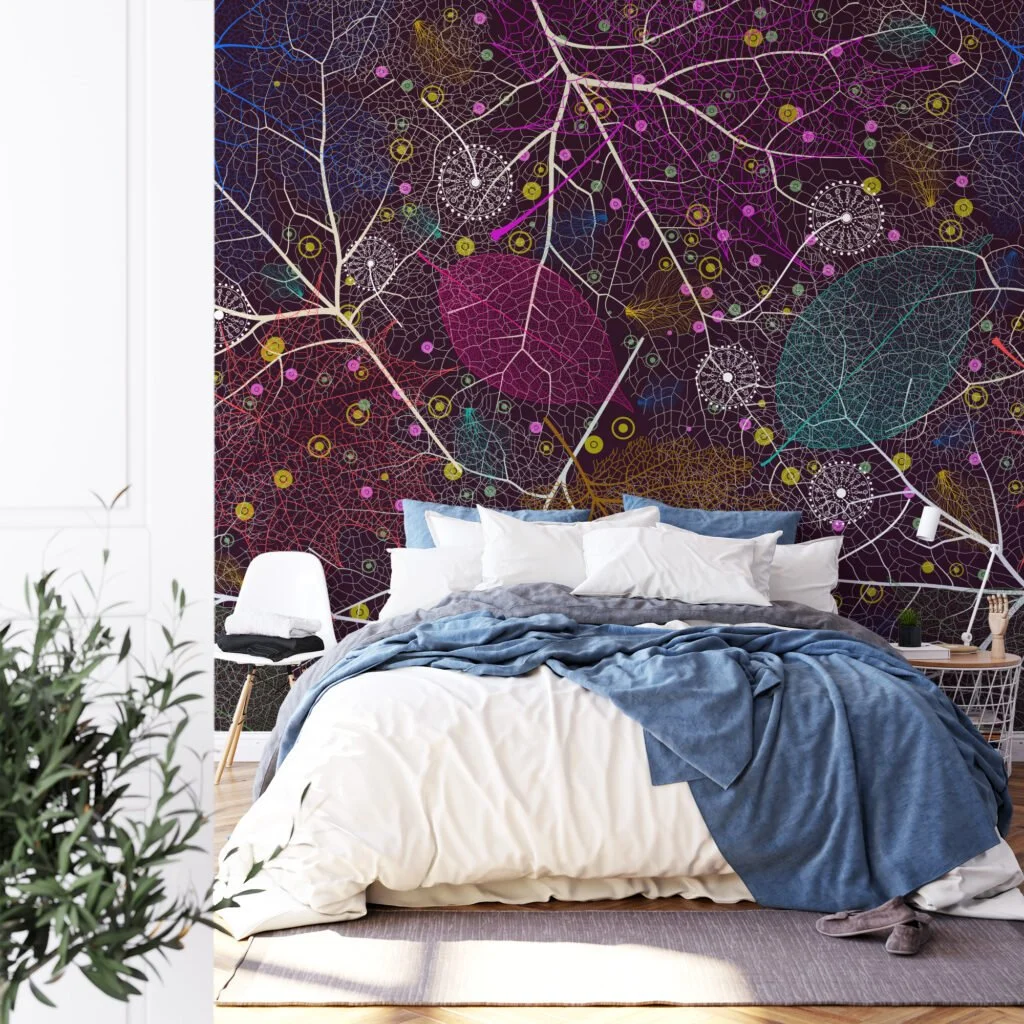 Colorful Abstract Leaves with Artistic Venation on Dark Background - Peel and Stick Self-Adhesive Whimsical Wallpaper