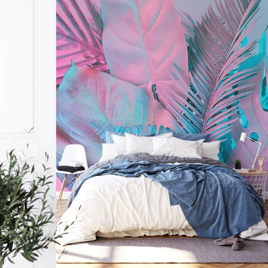 Colorful Tropical Palm Leaves in Bubble Pink and Blue - Self-Adhesive Peel and Stick Wallpaper for a Vibrant Bathroom or Any Room