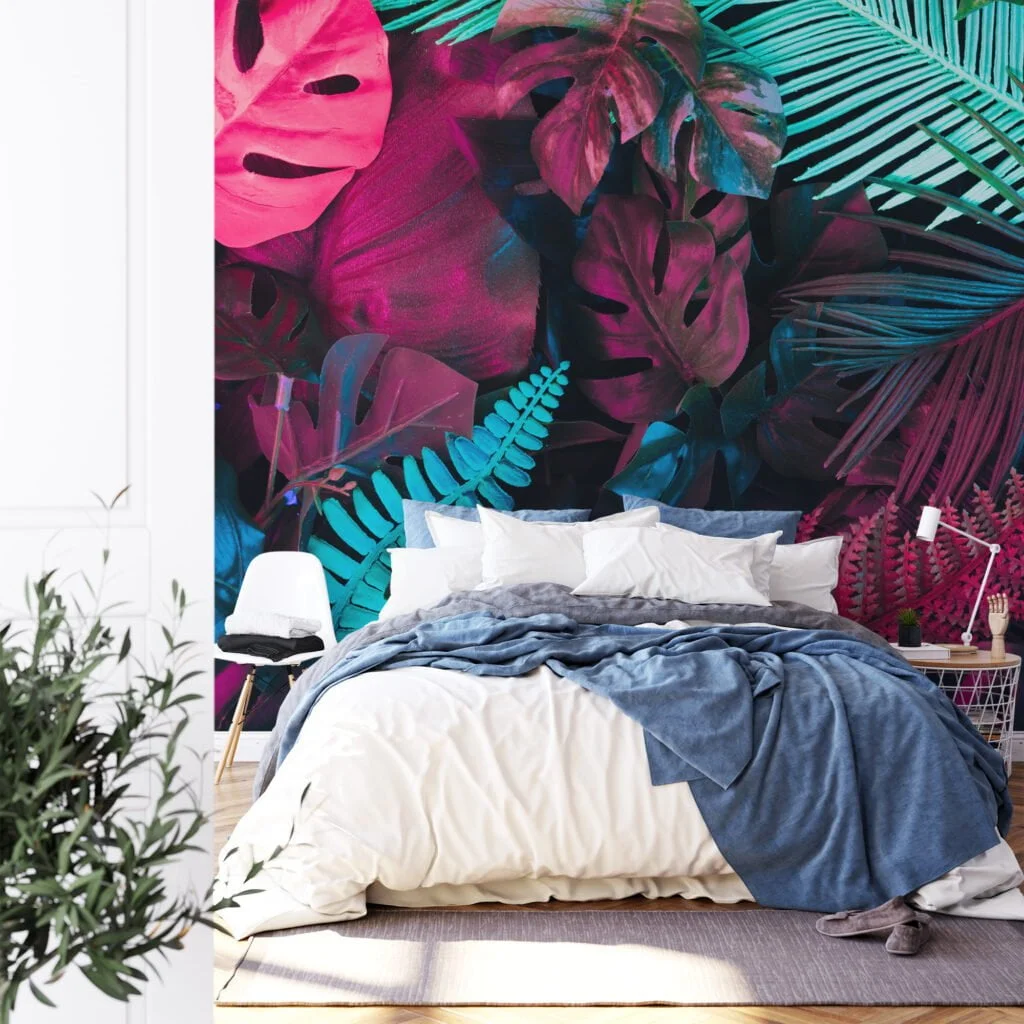 Vibrant Neon Pink and Blue Tropical Leaves - Self-Adhesive Peel and Stick Monstera Leaf Wallpaper to Brighten Any Space