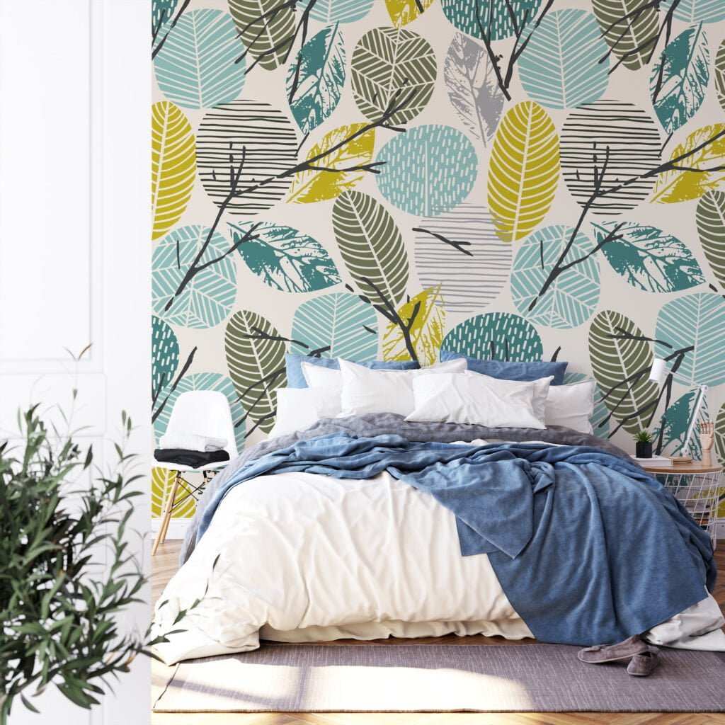 Artistic Abstract Fall Leaves with Branches on Light Background - Self-Adhesive Peel and Stick Wallpaper with a Modern Twist in Blue and Yellow