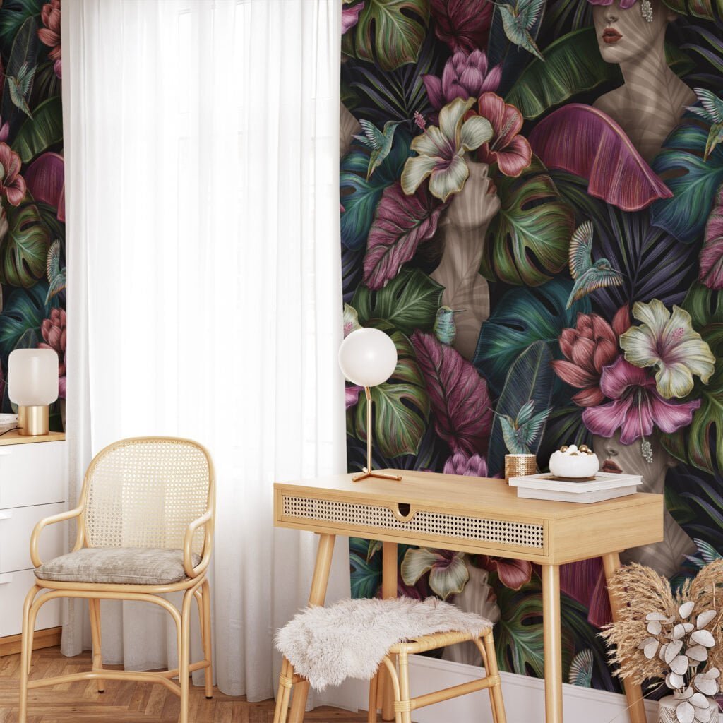 Whimsical Flower Covered Faces Wallpaper, Botanical Removable Wall Mural for Living Room or Bedroom