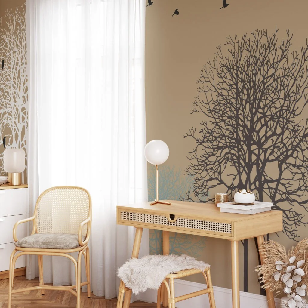 Peel and Stick Minimalist Trees and Birds Wallpaper with Customizable Sizes and Removable Properties for Modern Wall Decor in Living Rooms or Bedrooms