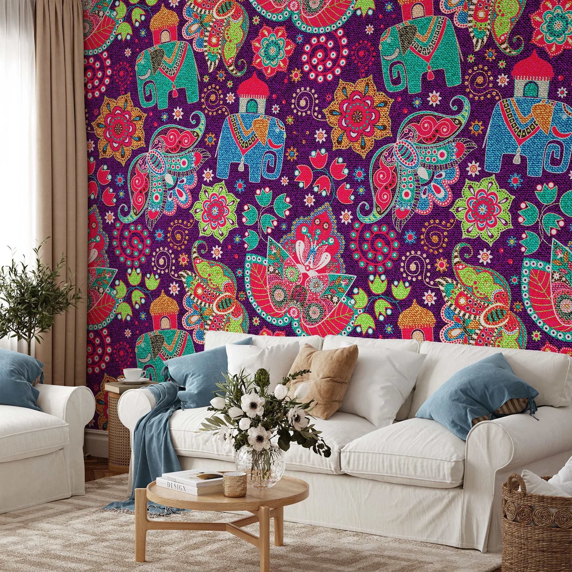 Traditional Oriental Illustration with Elephants Wallpaper - Vintage Style Floral Design with Elephants and Oriental Motifs