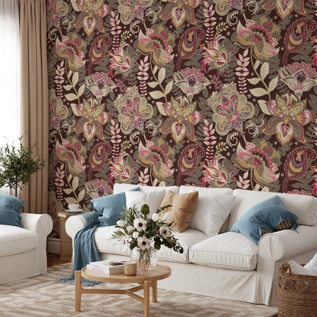 Oriental Vintage Style Floral Illustration Wallpaper - Antique Style Oriental Floral Pattern with Soft Colors and Delicate Details