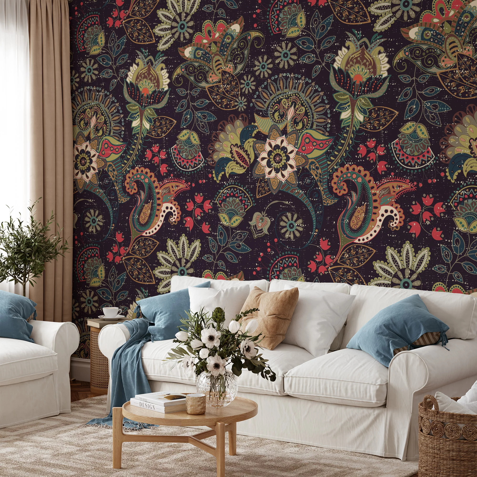 Bring a Unique and Exotic Flair to Your Home with this Abstract Oriental Floral Illustration Wallpaper