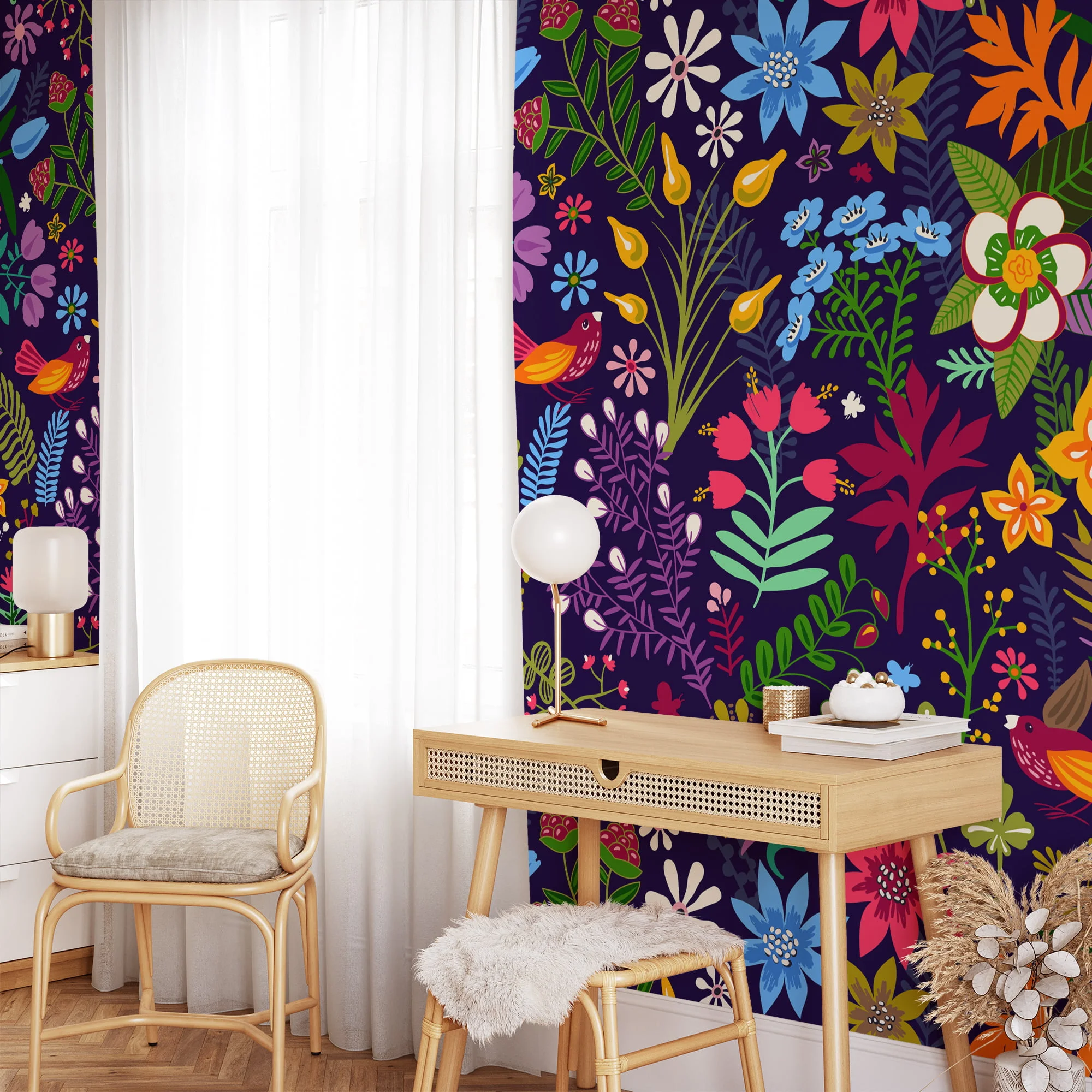 Modern Wallpaper with Colorful Flower Design Illustration - Durable, Self-Adhesive, and Removable