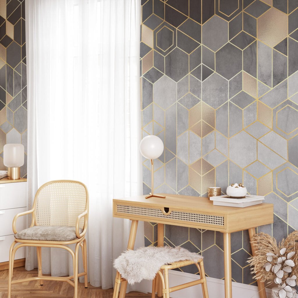 Geometric Black and Gold Hexagon Wallpaper - A Sophisticated Addition to Your Living Room, Bedroom, Bathroom, and Office Walls