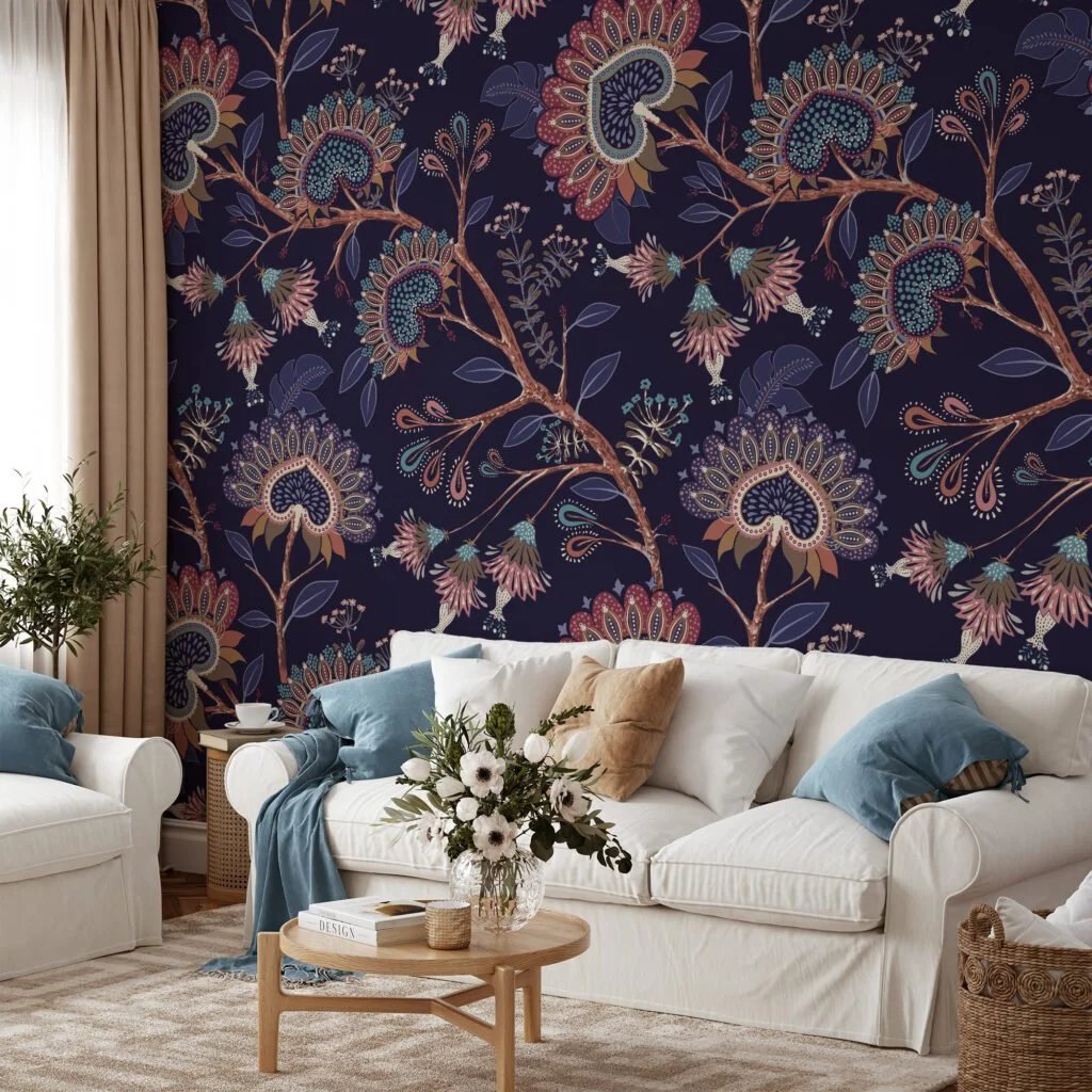 Navy Blue Floral Wallpaper - Traditional Design for a Sophisticated Aesthetic