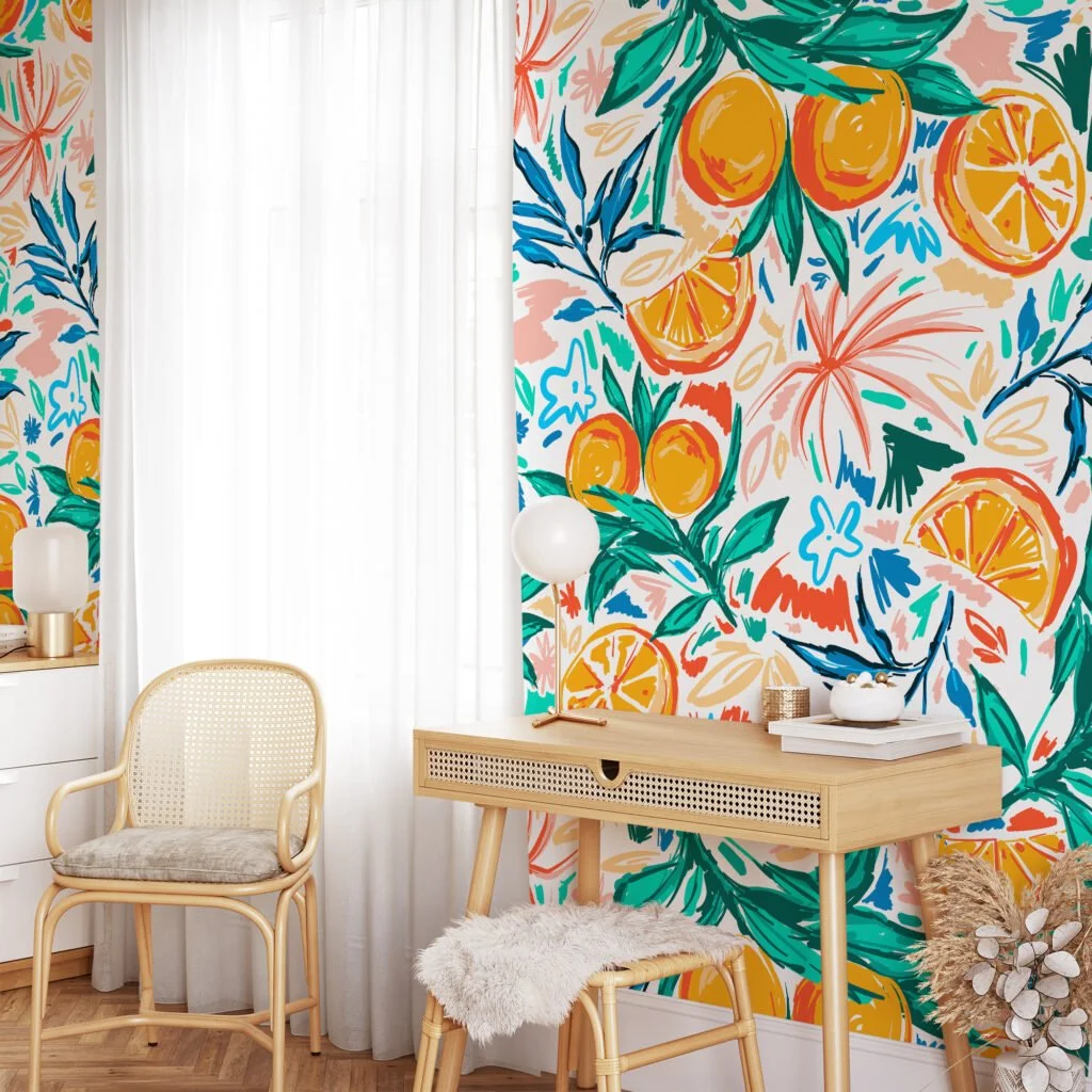 Illustrated Oranges and Tangerines Wall Mural for a Fun and Lively Atmosphere