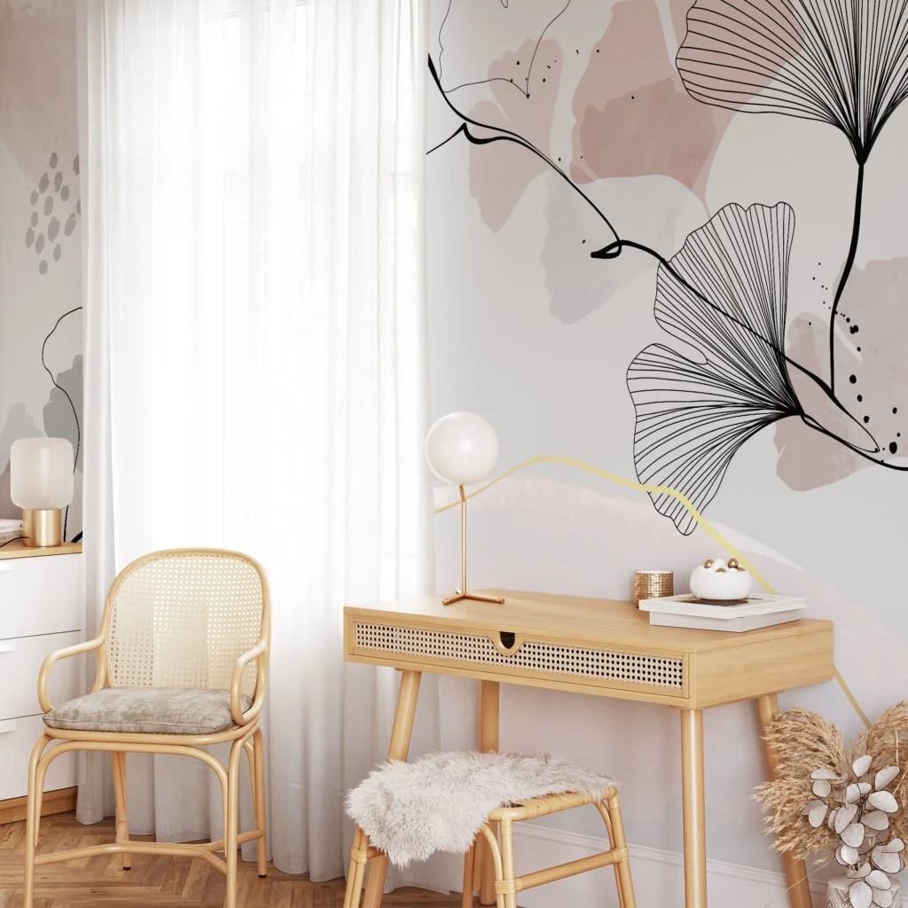 Exquisite Minimalist Grey and Nude Wallpaper with Delicate Floral Line Art for a Timeless Appeal