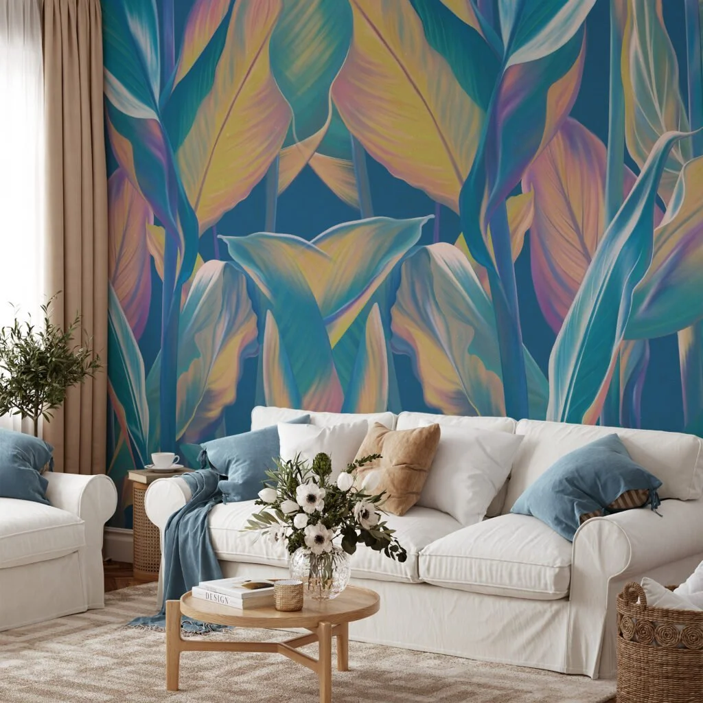 Escape to an Exotic Paradise with Blue-Toned Tropical Leaves Pattern - Self-Adhesive Peel and Stick Colorful Leaf Wallpaper in Shades of Blue for a Calming Atmosphere