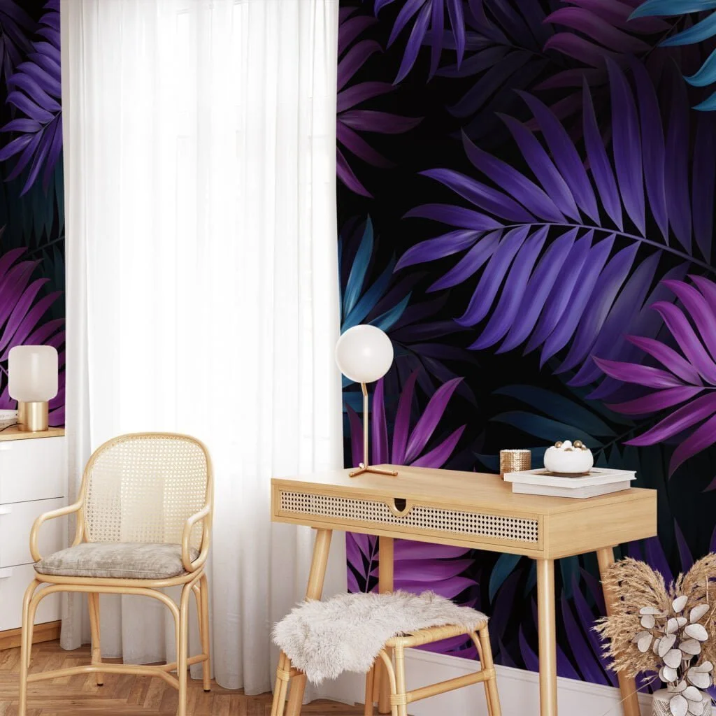 Add a Bold Pop of Color with Purple Fuchsia and Aqua Colored Large Tropical Leaves - Self-Adhesive Peel and Stick Dark Floral Wallpaper for a Vibrant Space