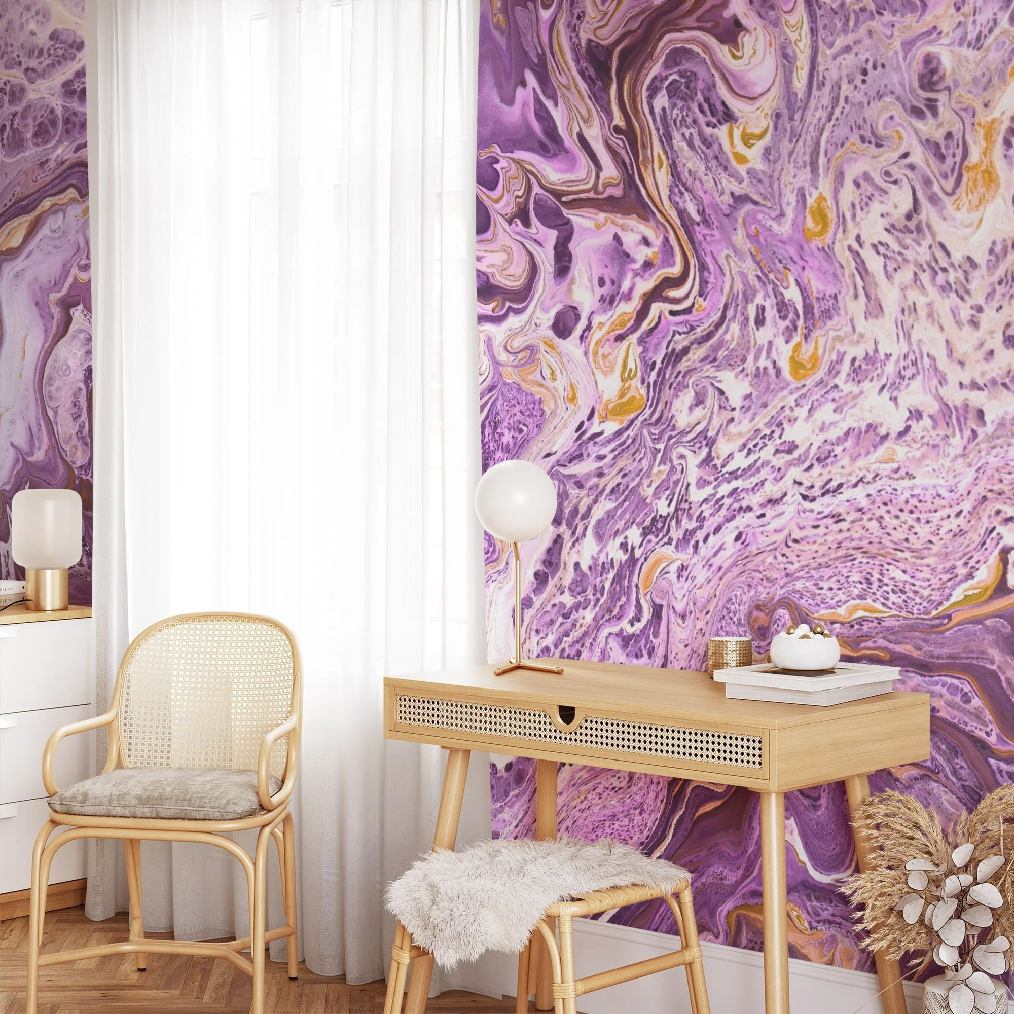 Purple and Gold Marble Wallpaper - Elegant Ink Splash Wall Covering for Stylish Room