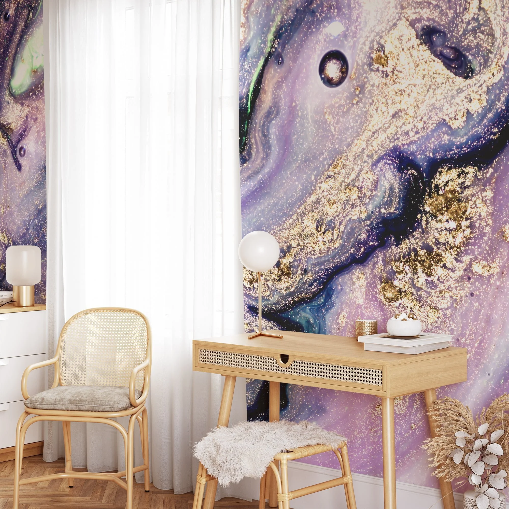 Grunge Purple and Gold Ink Wallpaper - Distressed Liquid Wall Covering with Black Background