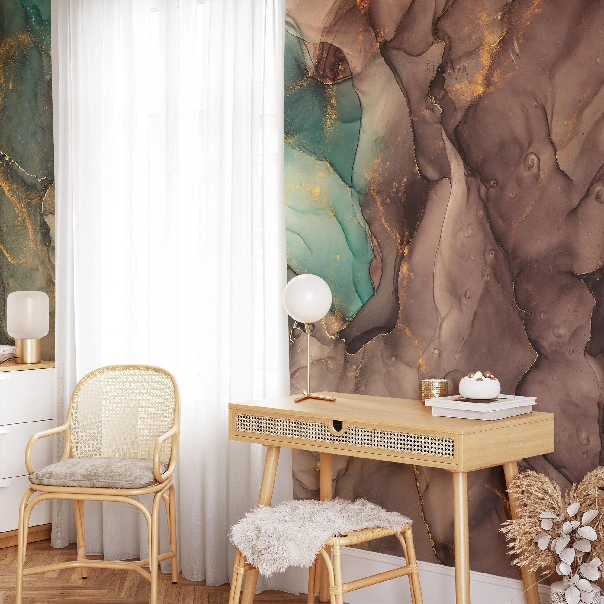 Elegant Green and Chocolate Brown Ink Abstract Wallpaper for a Luxurious Home Decor