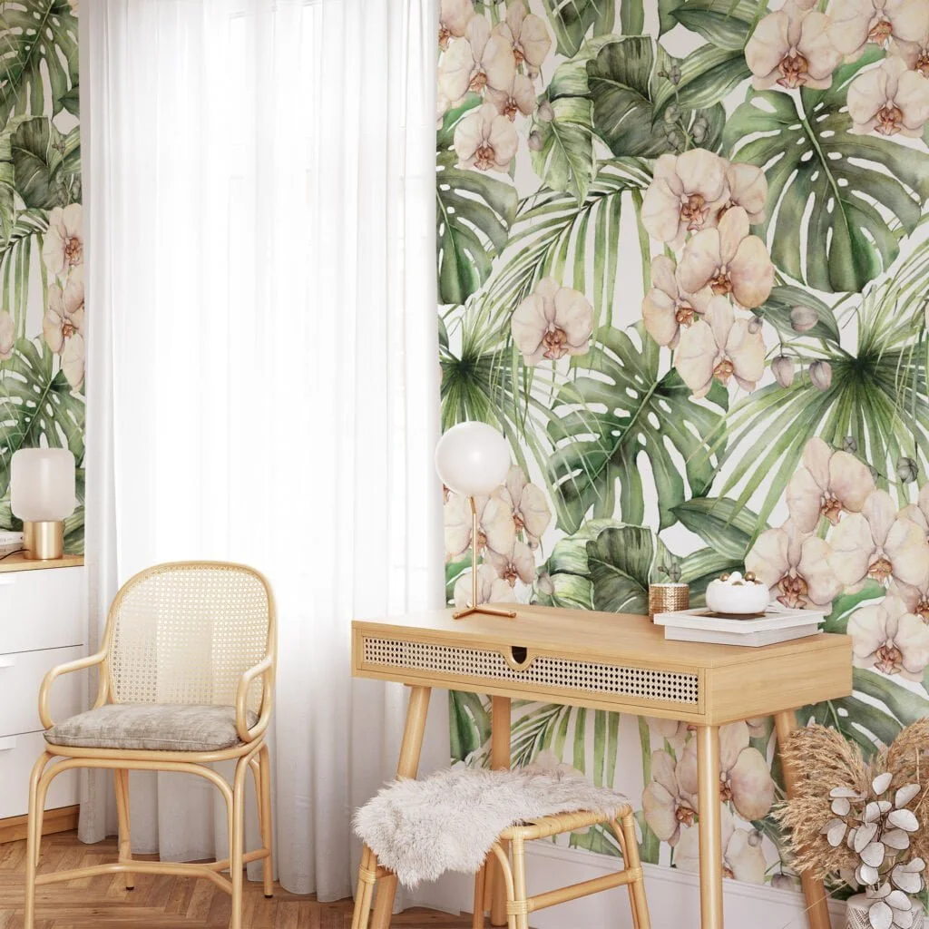 Tropical Paradise Palm Leaves and Orchids Painting Wallpaper, Peel and Stick Self Adhesive Removable Wall Mural, Perfect for a Relaxing Oasis