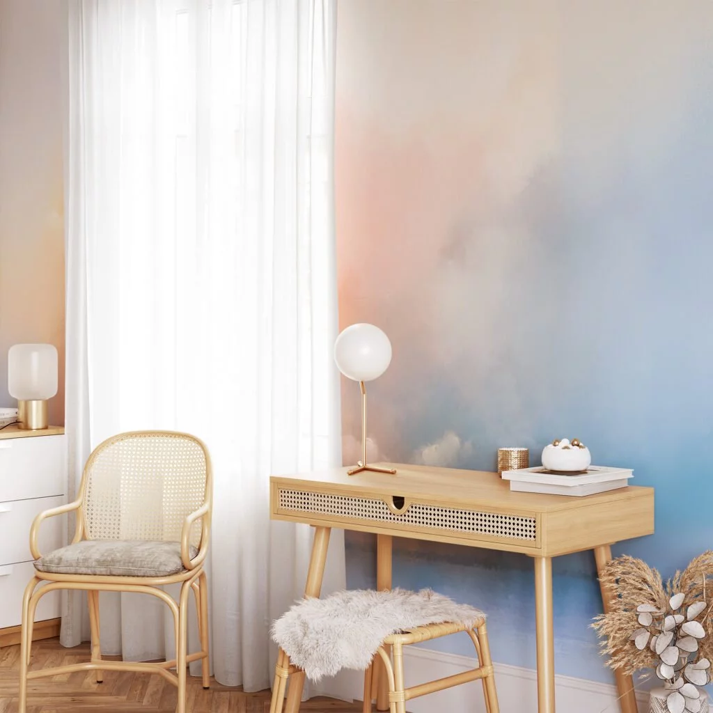 Soft Sunset Landscape Painting with Flying Bird Wallpaper, Serene and Tranquil Peel and Stick Wall Mural, Self Adhesive Removable Wallpaper for Bedroom or Living Room