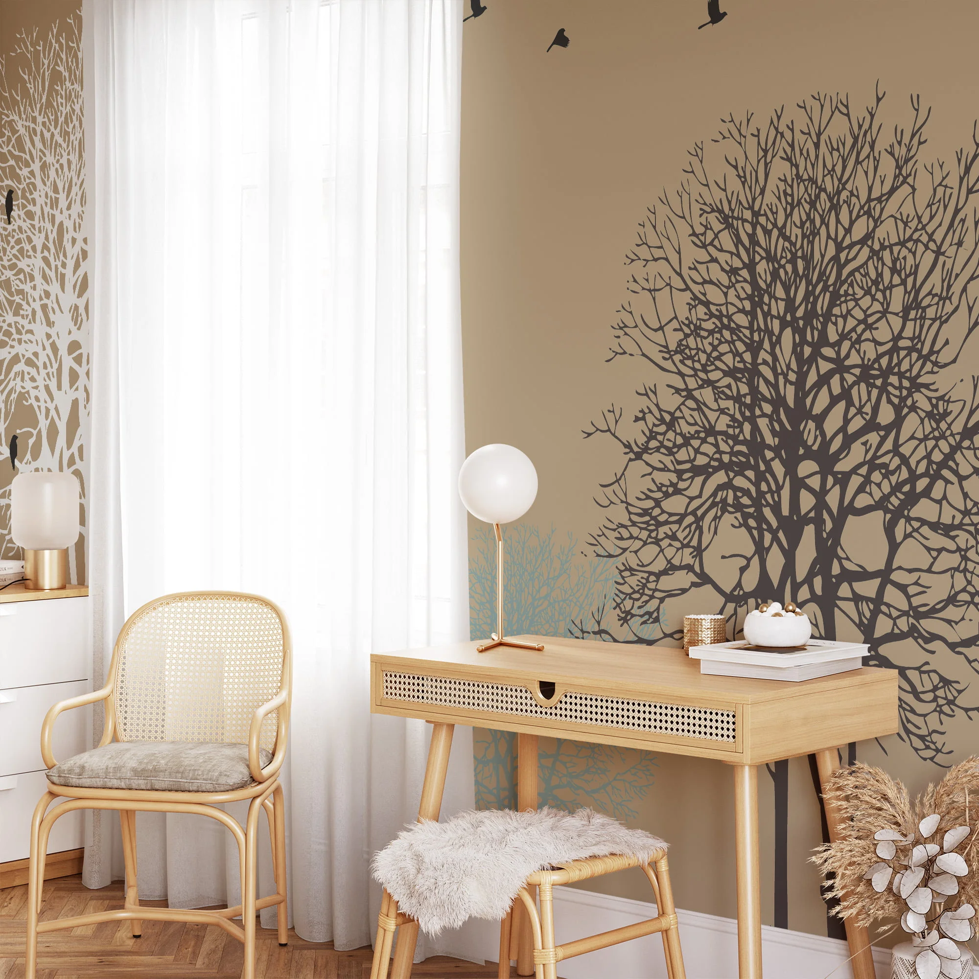 Peel and Stick Minimalist Trees and Birds Wallpaper with Customizable Sizes and Removable Properties for Modern Wall Decor in Living Rooms or Bedrooms
