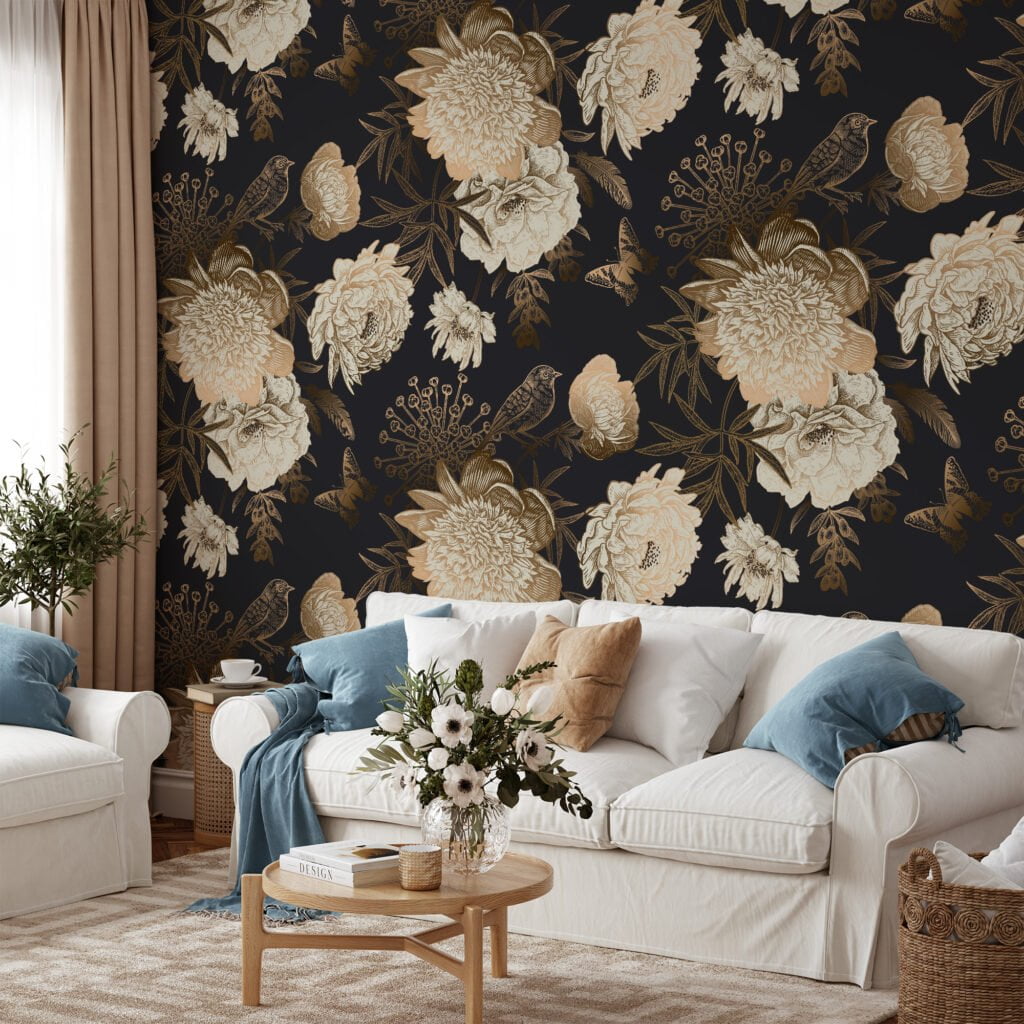 Vintage Peony Rose and Bird Illustration Wallcovering for a Classic and Elegant Look