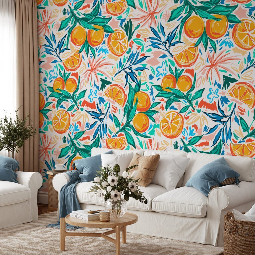 Illustrated Oranges and Tangerines Wall Mural for a Fun and Lively Atmosphere