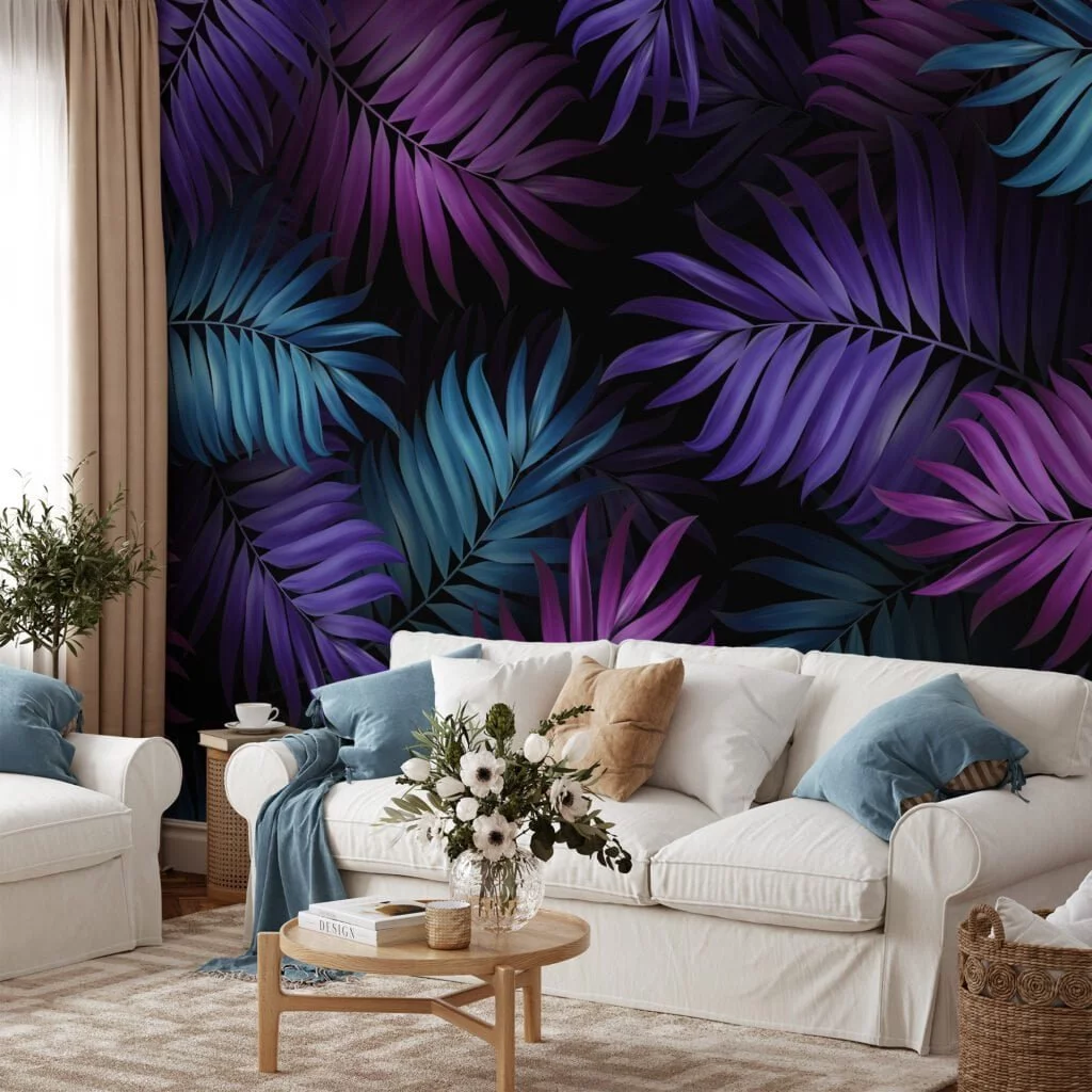 Add a Bold Pop of Color with Purple Fuchsia and Aqua Colored Large Tropical Leaves - Self-Adhesive Peel and Stick Dark Floral Wallpaper for a Vibrant Space