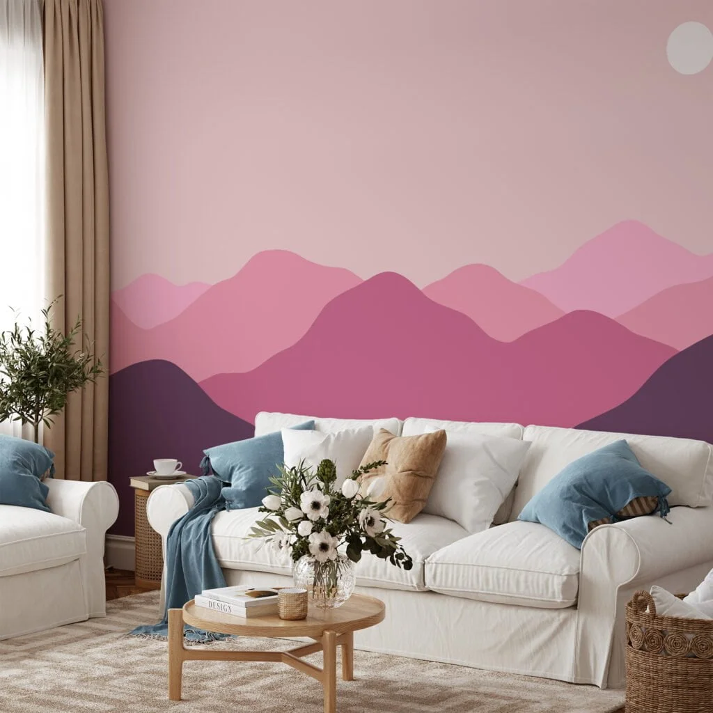 Minimalistic Abstract Mountains Wallpaper with Pink and Purple Hues for a Contemporary and Chic Home Decor