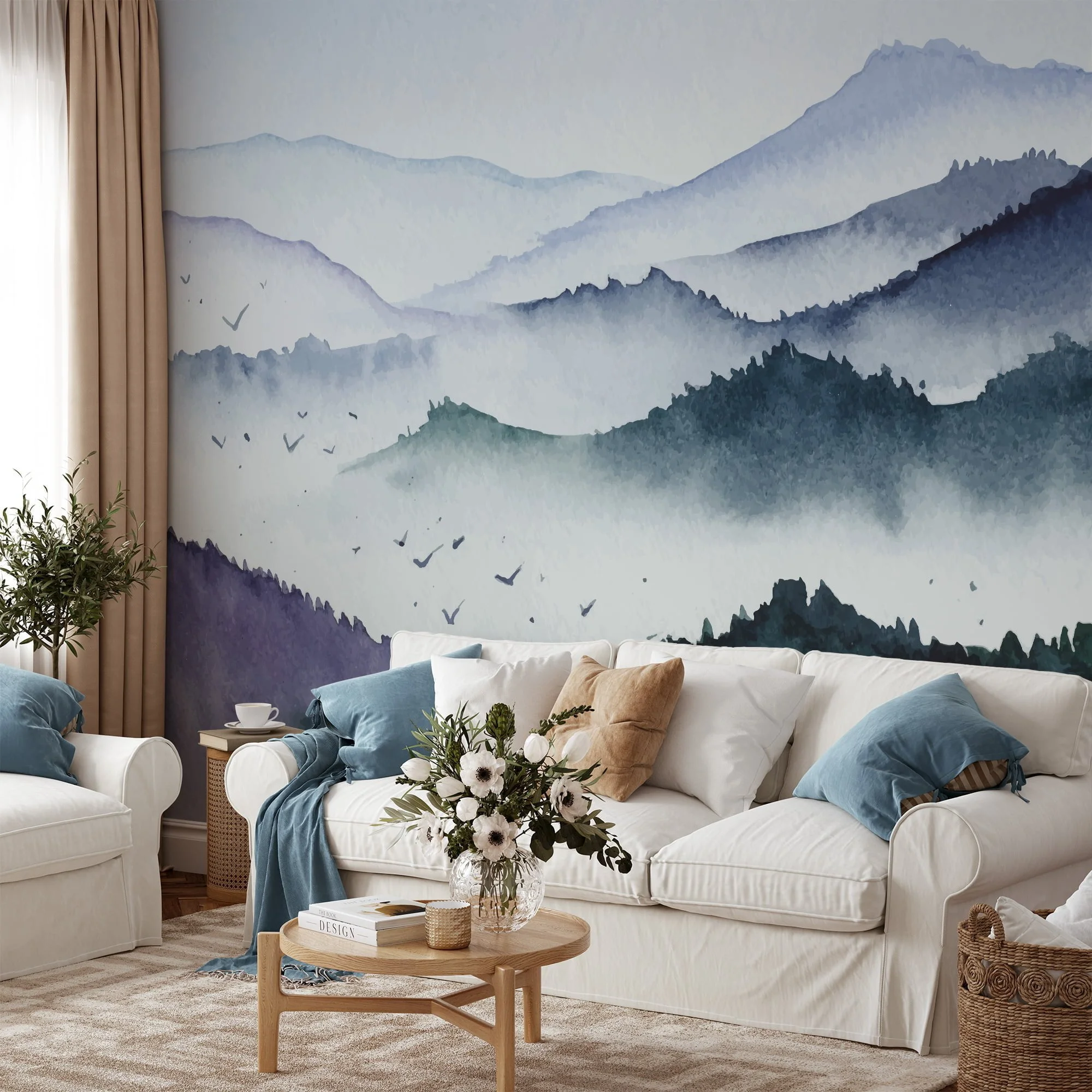 Soft and Serene Watercolor Style Abstract Misty Mountains Wallpaper for a Tranquil and Calming Home Decor