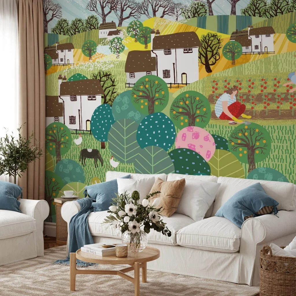 Vibrant Colorful Farm Illustration with Animals and Farmers Wallpaper for a Playful and Cheerful Home Decor