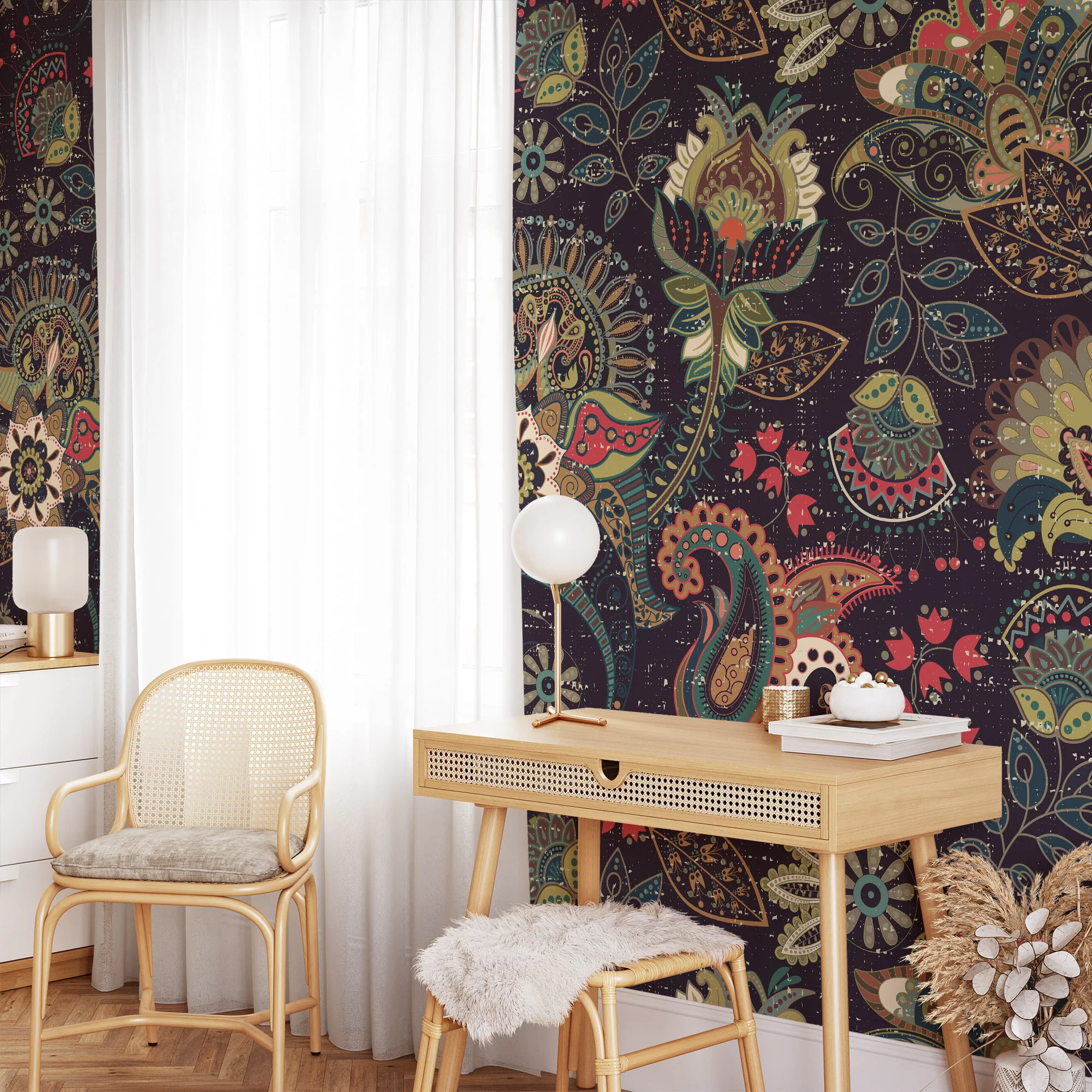 Bring a Unique and Exotic Flair to Your Home with this Abstract Oriental Floral Illustration Wallpaper