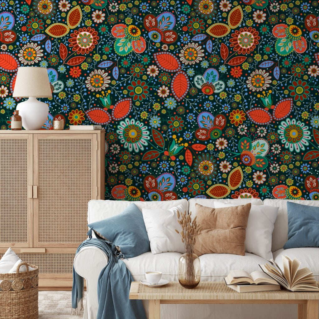 Colorful Flowers in Traditional Style Wallpaper - Floral Illustration with Multiple Colors and Textures Wall Mural