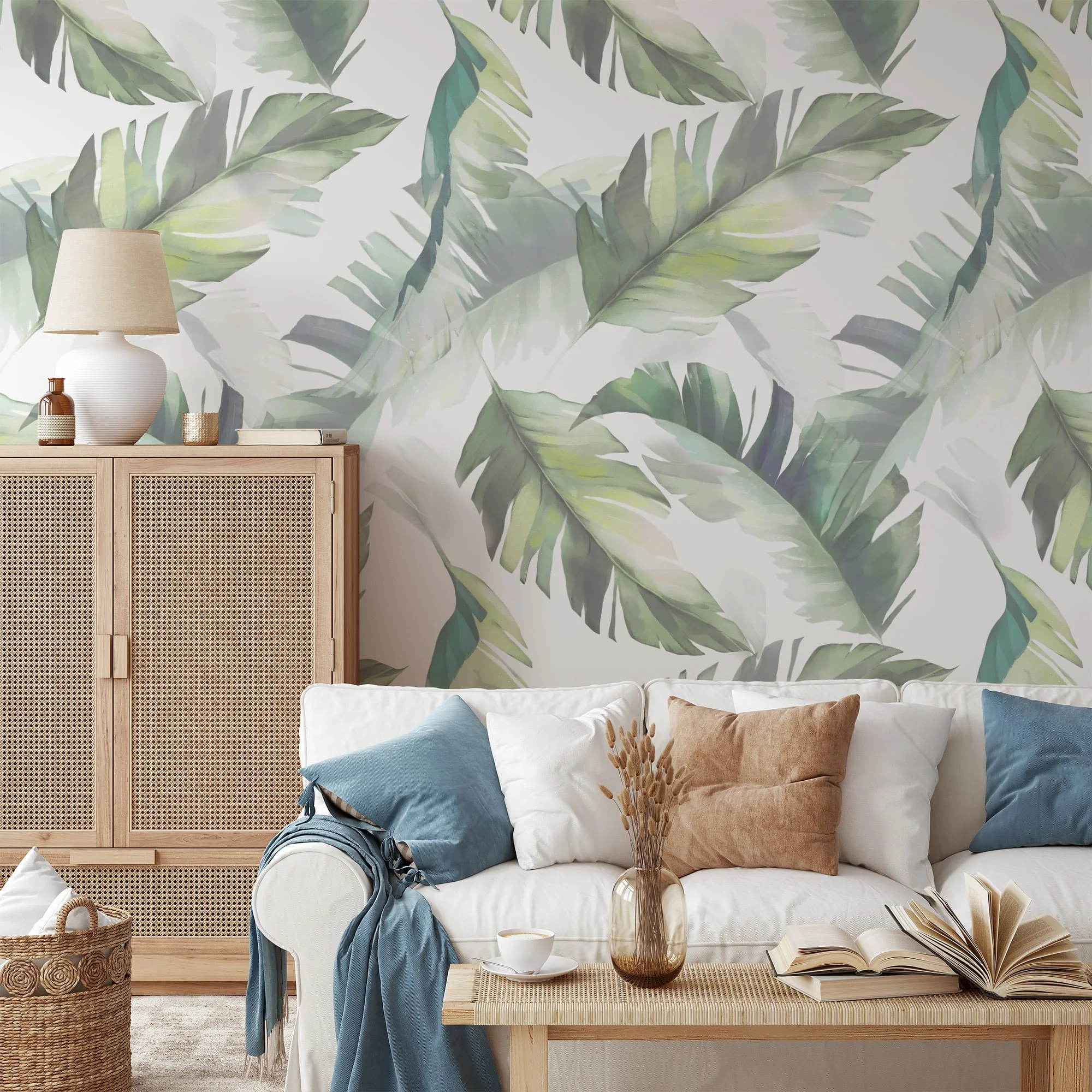 Soft and Serene Watercolor Style Leaves on White Background - Self-Adhesive Peel and Stick Green Wallpaper for a Modern and Relaxing Atmosphere