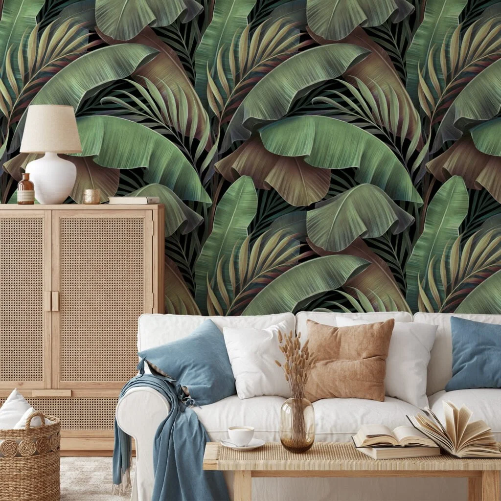 Lush Oasis with Large Tropical Green Banana Leaves Pattern - Self-Adhesive Peel and Stick Green and Brown Leaf Wallpaper Inspired by Nature