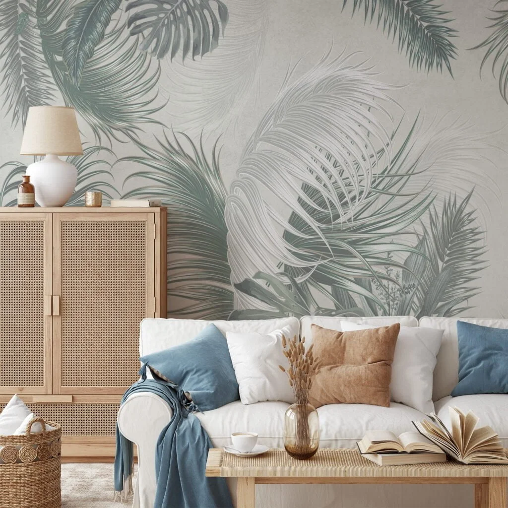 Create a Relaxing Oasis with Muted Green Colored Tropical Leaves on a Light Green Background - Self Adhesive Modern Wall Mural