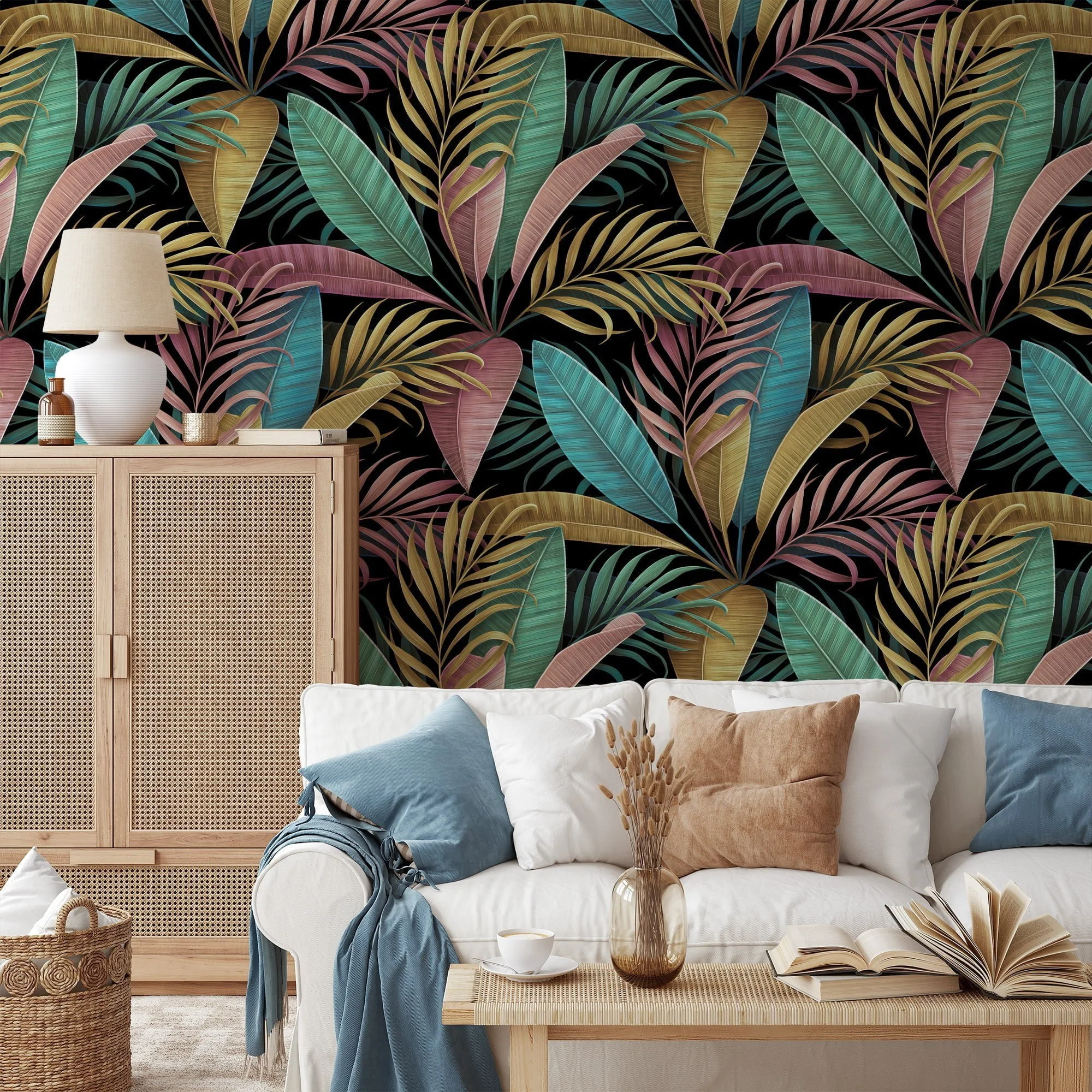 Add a Splash of Color to Your Walls with this Peel and Stick Colorful Leaf Wall Mural on a Black Background