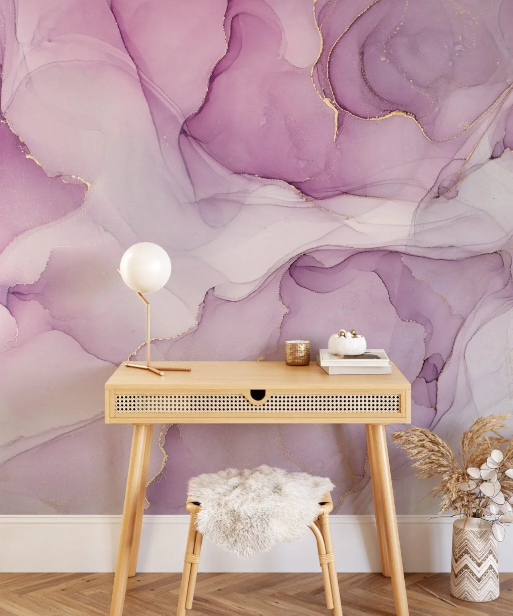 Marble Texture Wallpaper with Pink, Purple and Gold Veins - Self-Adhesive Peel & Stick Removable Wallpaper for Luxe Interiors