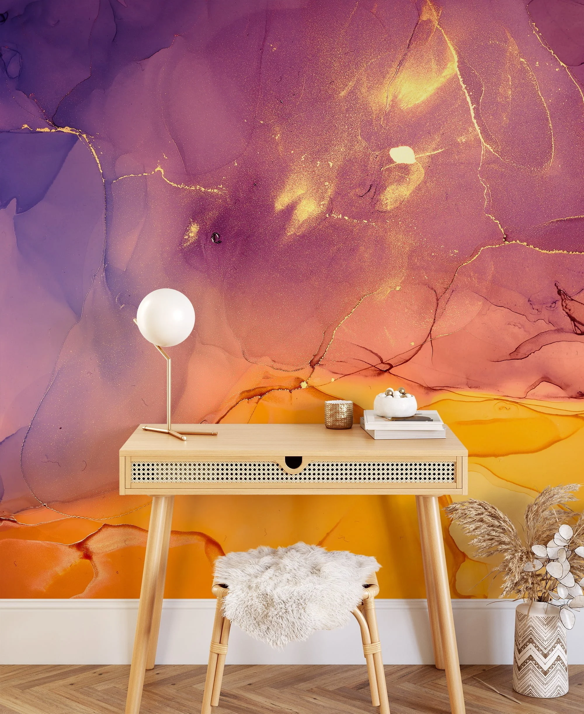 Abstract Orange and Purple Ink Art Wallpaper - Peel and Stick, Easy to Apply and Ideal for Modern Interiors