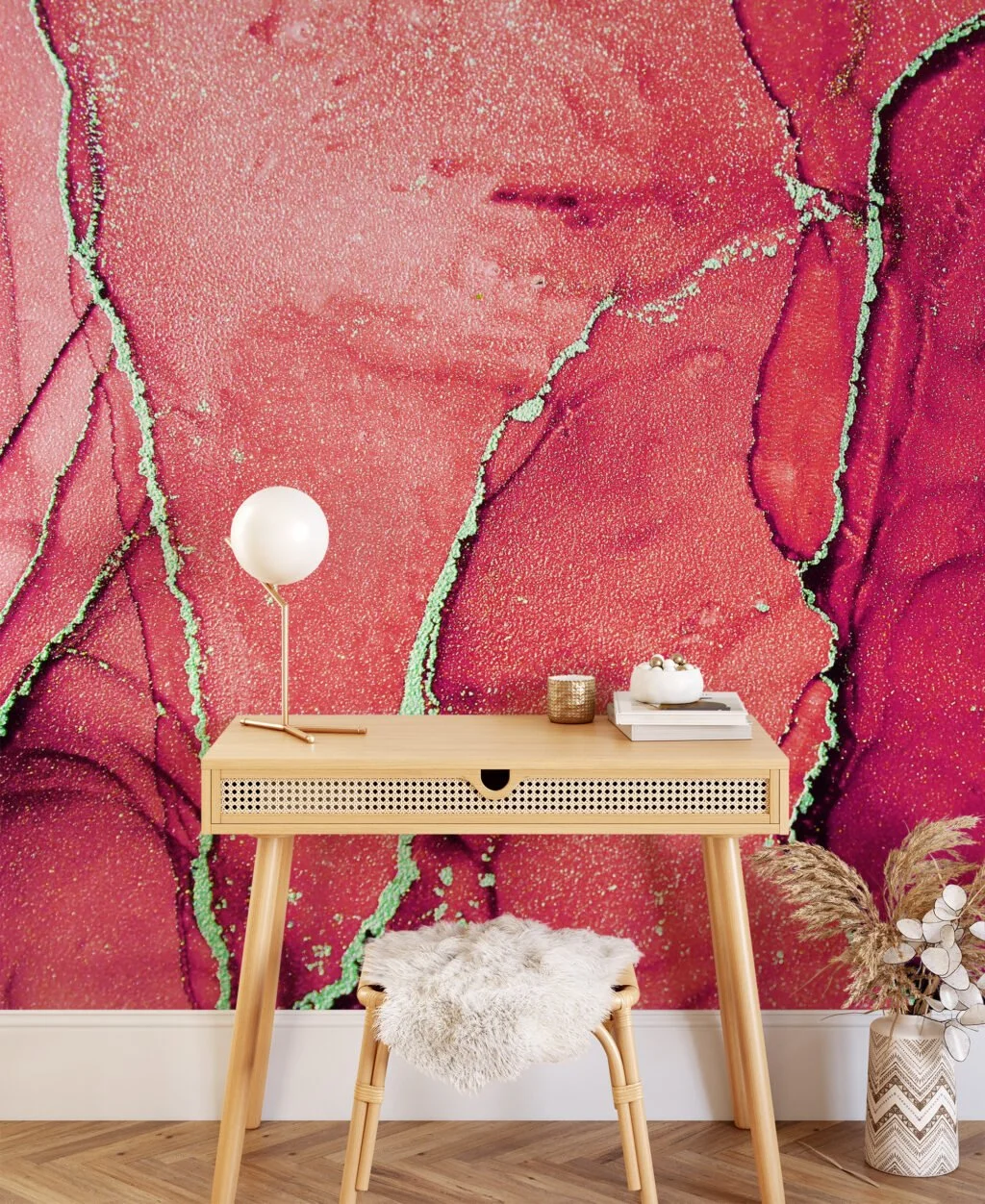 Dramatic Red Toned Marble Texture Wallpaper with Gilded Cracks, Peel & Stick Red Gold Marble Wall Mural