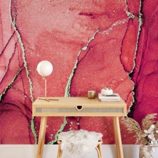 Dramatic Red Toned Marble Texture Wallpaper with Gilded Cracks, Peel & Stick Red Gold Marble Wall Mural