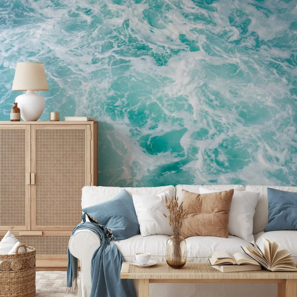 Refreshing Aqua Ocean with Sea Foam Wallpaper for a Calming and Tranquil Home Ambiance