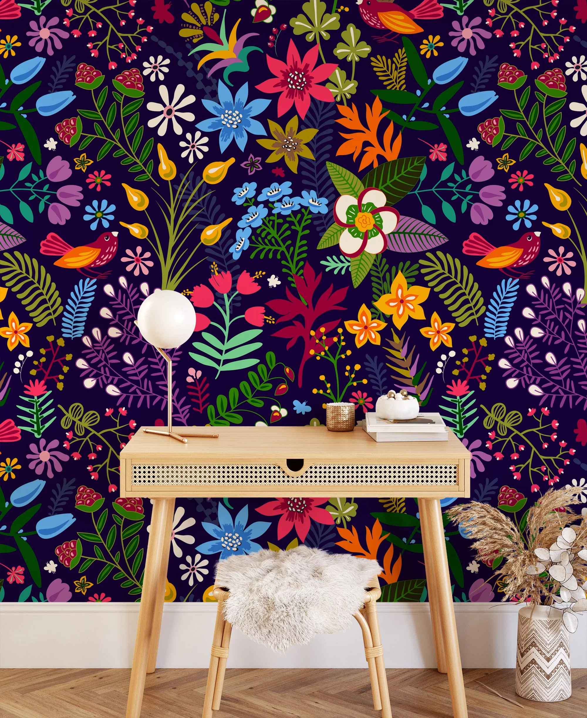 Modern Wallpaper with Colorful Flower Design Illustration - Durable, Self-Adhesive, and Removable